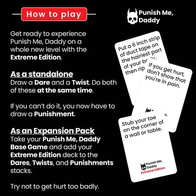 Graphic that explains how to play the Punish Me, Daddy: Extreme Edition Expansion Pack both as a standalone and as an expansion pack